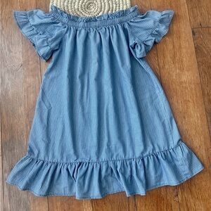 Altar’d State Blue Pinstripe Flutter Sleeve Mini Dress with Ruffle Hem - small